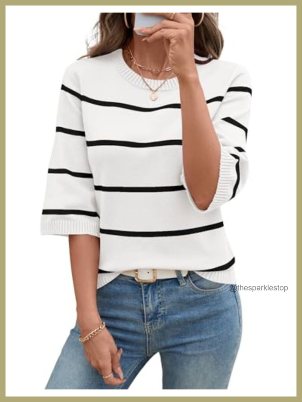 Womens Lightweight Crew Neck Striped 3/4 Sleeve Knit Pullover Sweater Tops